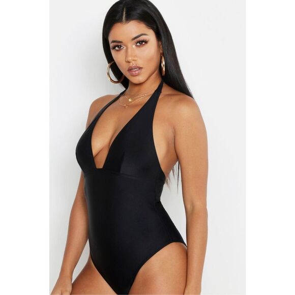 Boohoo Plus Control Halterneck Swimsuit Black Size 12 - Picture 1 of 8